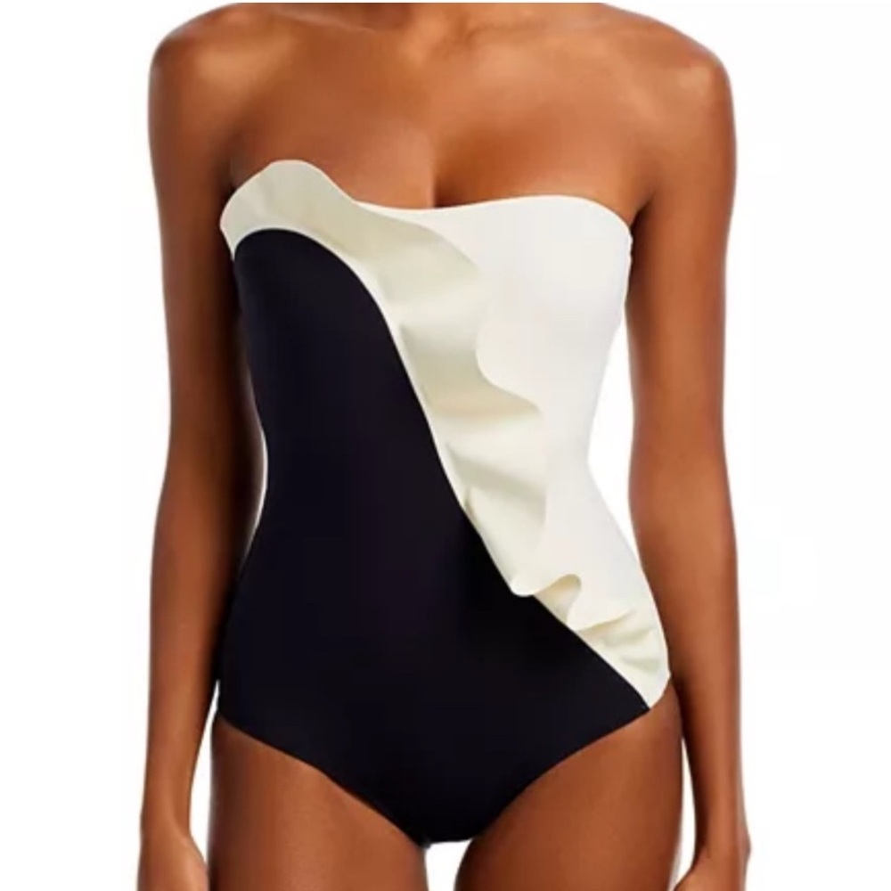 EVARAE Pavana Color Block Ruffle Bandeau One Piece Swimsuit Size 2 Neutral Beach
